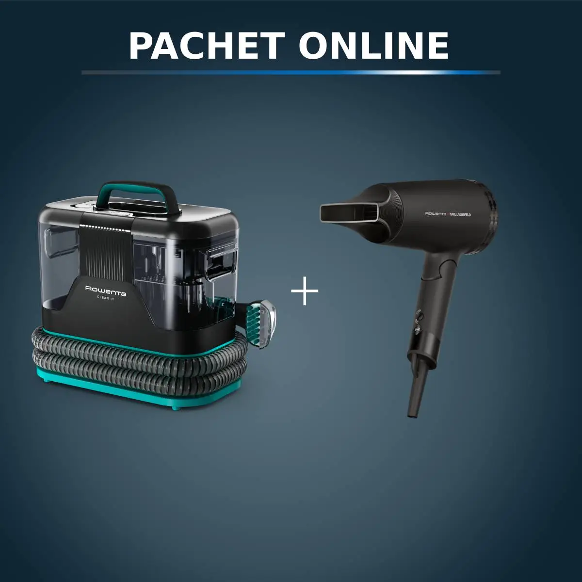 Pachet PROMO Aspirator tapiterie Rowenta Clean IT IN5020F0 & Uscator de par ROWENTA x Karl Lagerfeld Express Style CV184LF0