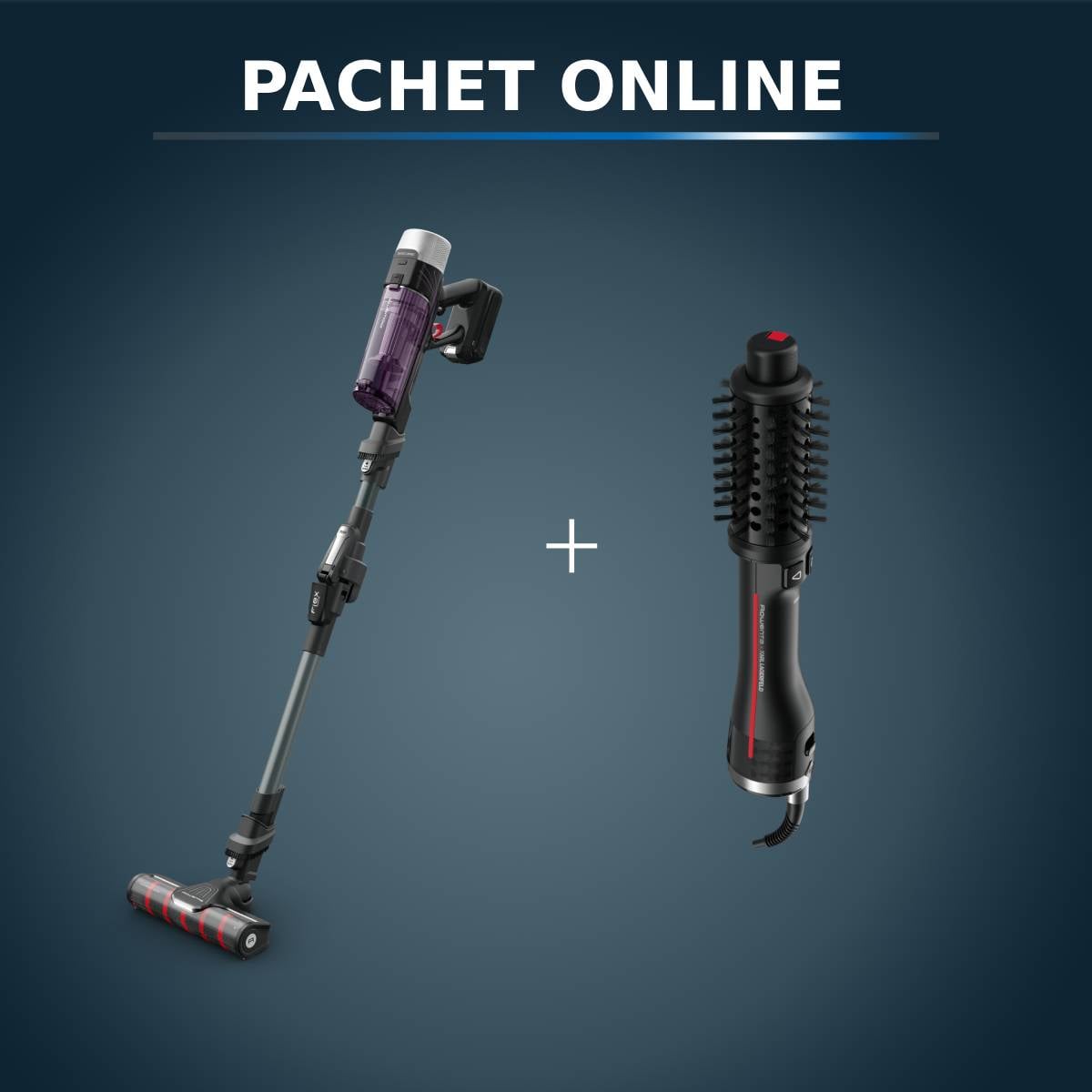 Pachet PROMO Aspirator vertical Rowenta X-Force Flex 9.60 Allergy RH2048WO & Peria rotativă cu aer cald Rowenta Karl Lagerfeld Pro Stylist CF961LF0
