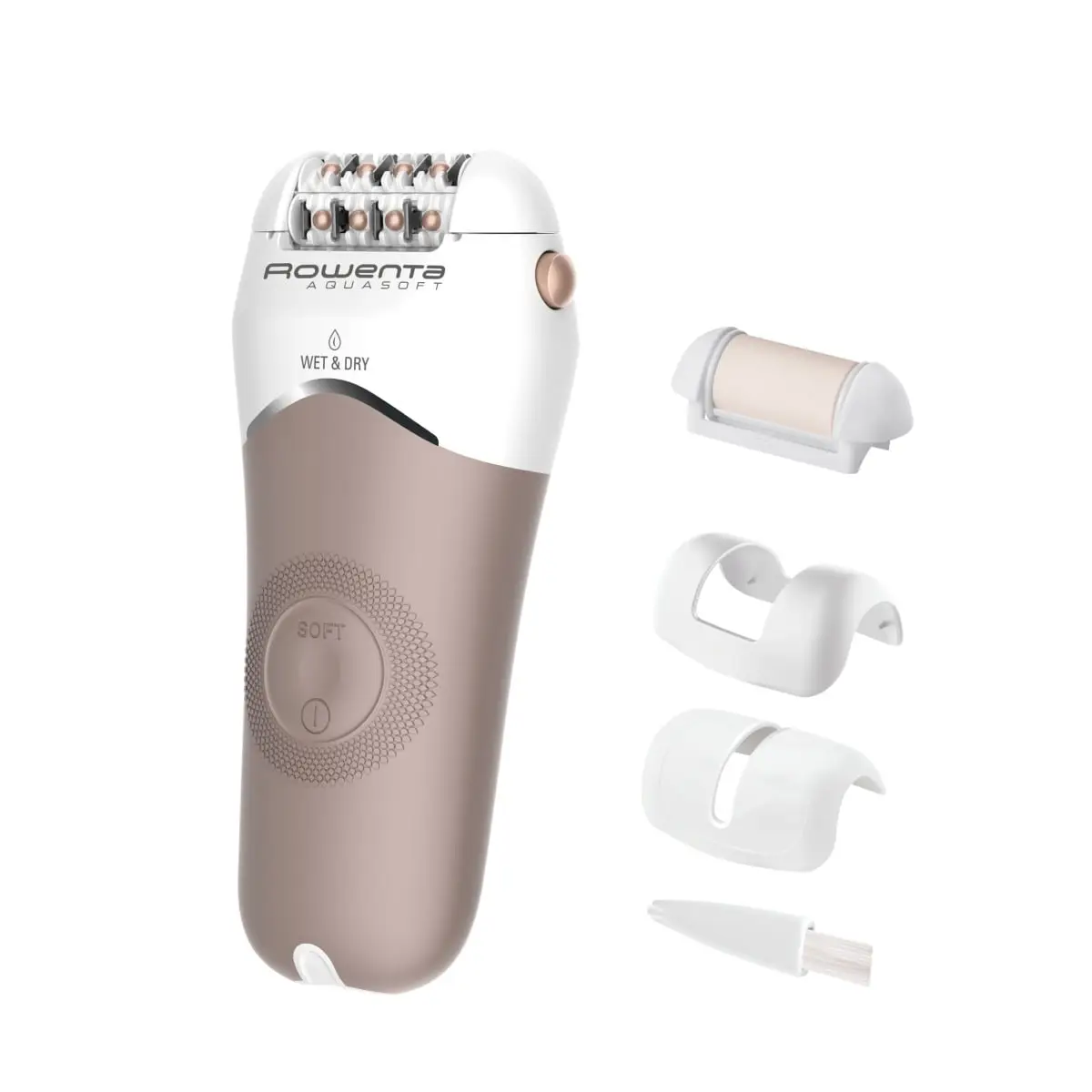 Epilator Rowenta AquaSoft Wet & Dry EP4924F0  2 trepte de viteza  24 de pensete  autonomie 40 minute  tehnologie Skin Respect  alb & bej