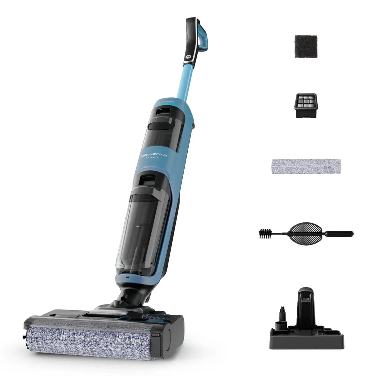 Aspirator cu spalare Rowenta X-Clean 2 GZ2271E0  120W  440 RPM  pana la 35 min autonomie  ecran LED  2 role  panou de control  albastru & negru