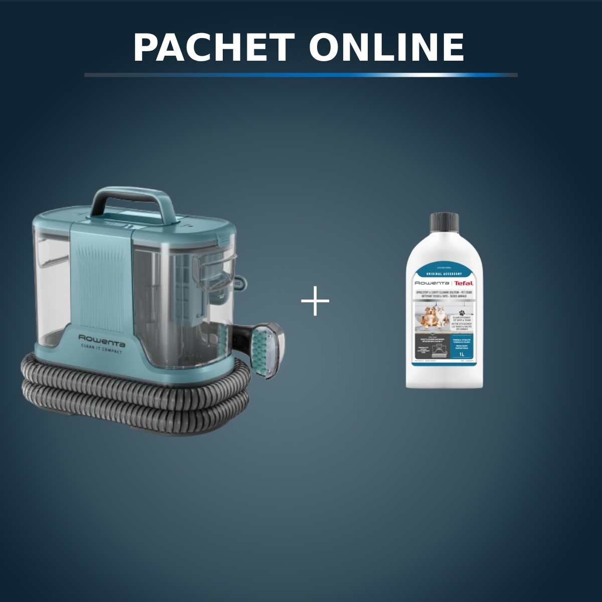 Pachet PROMO Aspirator cu spalare Rowenta Clean IT Compact IN3021F0 & Detergent pentru aspirator cu spalare Rowenta XD5320F0 pentru textile