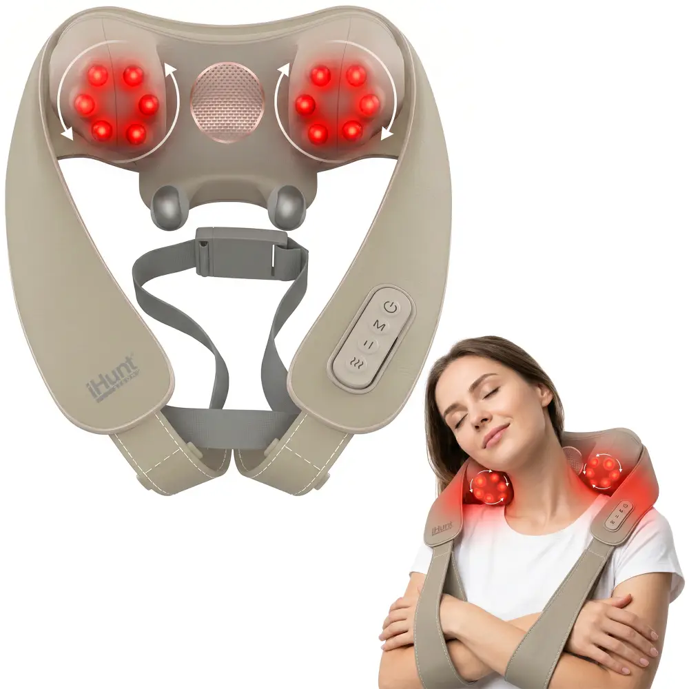 Aparat de masaj cervical iHunt Smart Neck Air 3D, Electrostimulare EMS TENS, Compresie inteligenta, Functie incalzire, Portabil, Reincarcabil, Alb
