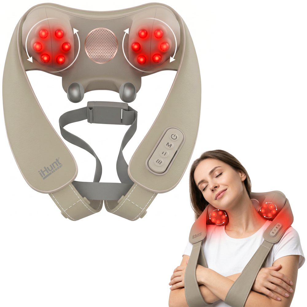 Aparat de masaj cervical iHunt Smart Neck Air 3D, Electrostimulare EMS TENS, Compresie inteligenta, Functie incalzire, Portabil, Reincarcabil, Alb