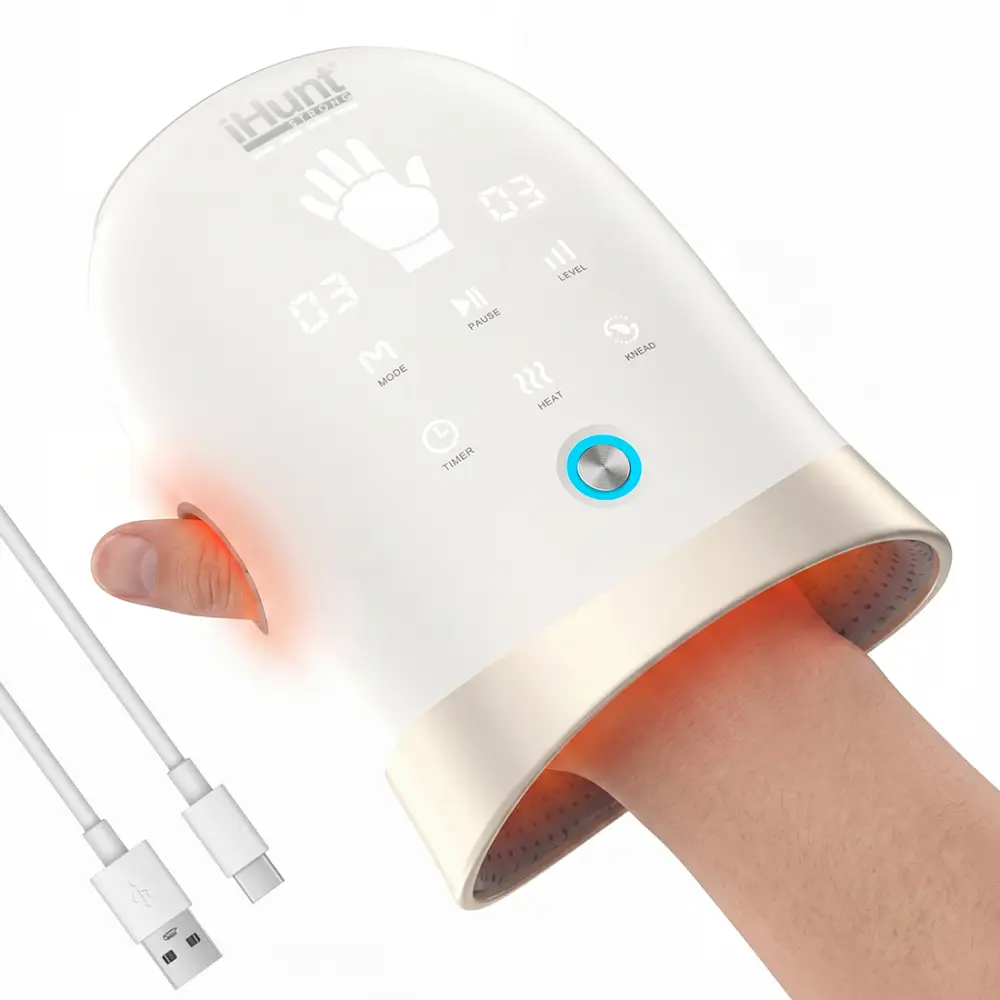 Aparat de masaj pentru maini si degete iHunt Hand Massage Heat Pro, Compresie cu perne de aer, Functie incalzire, Masaj bionic, Acumulator
