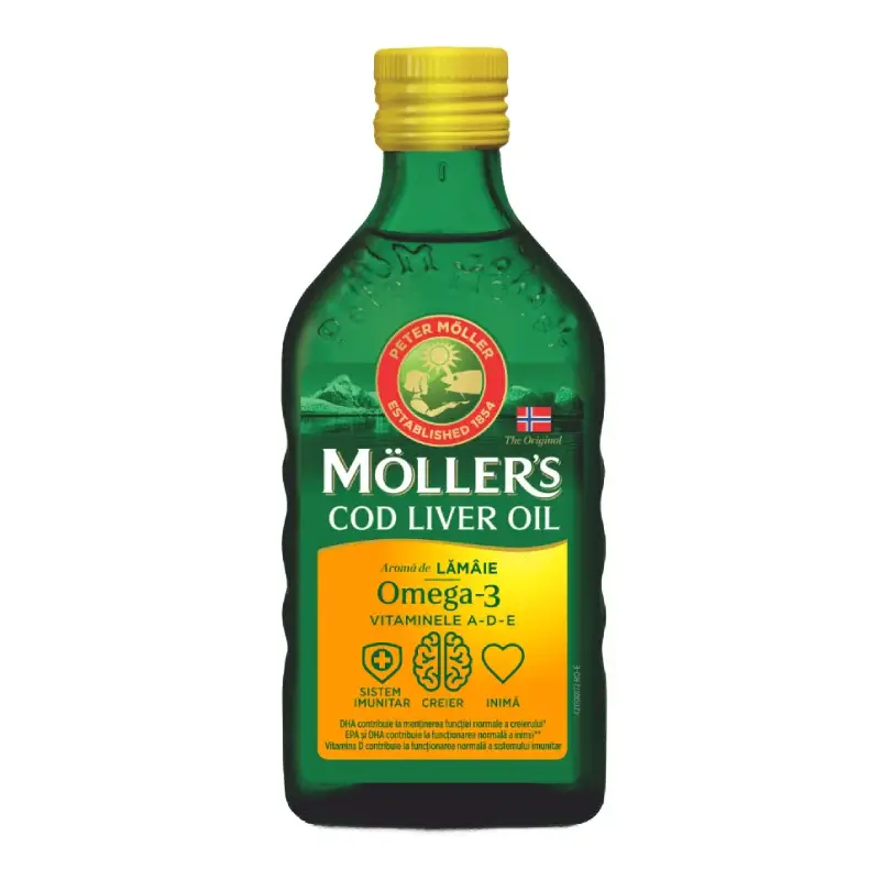 Ulei din ficat de cod cu aroma de lamaie, 250 ml, Moller's