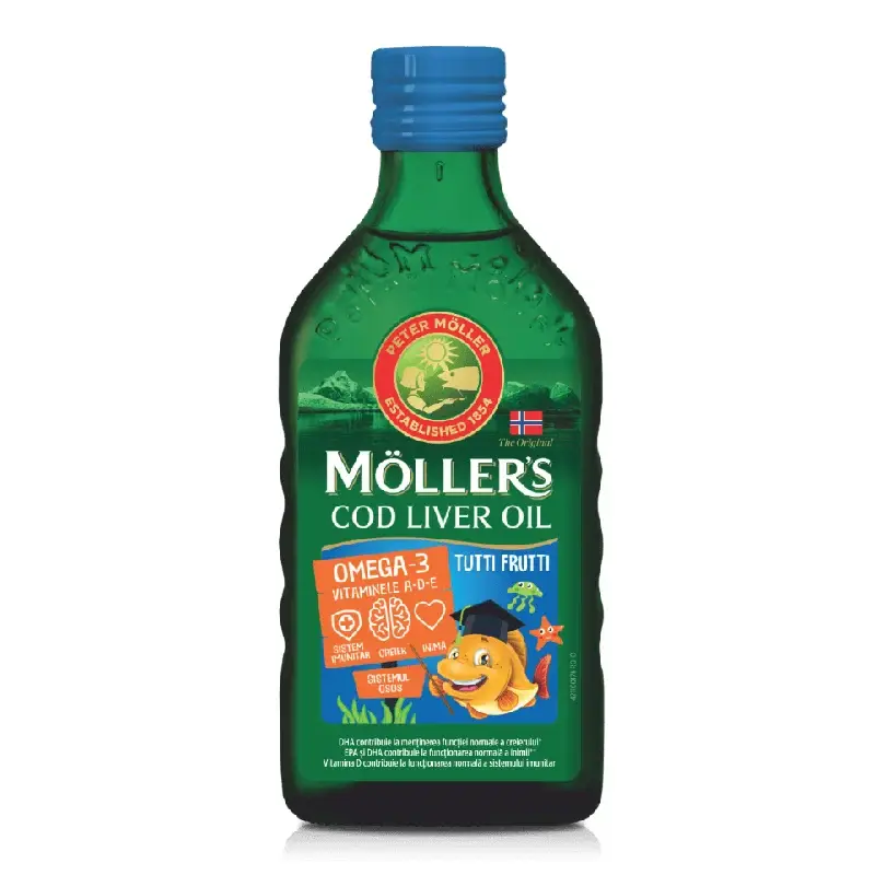 Ulei din ficat de cod cu aroma de Tutti Frutti pentru copii, 250 ml, Moller's
