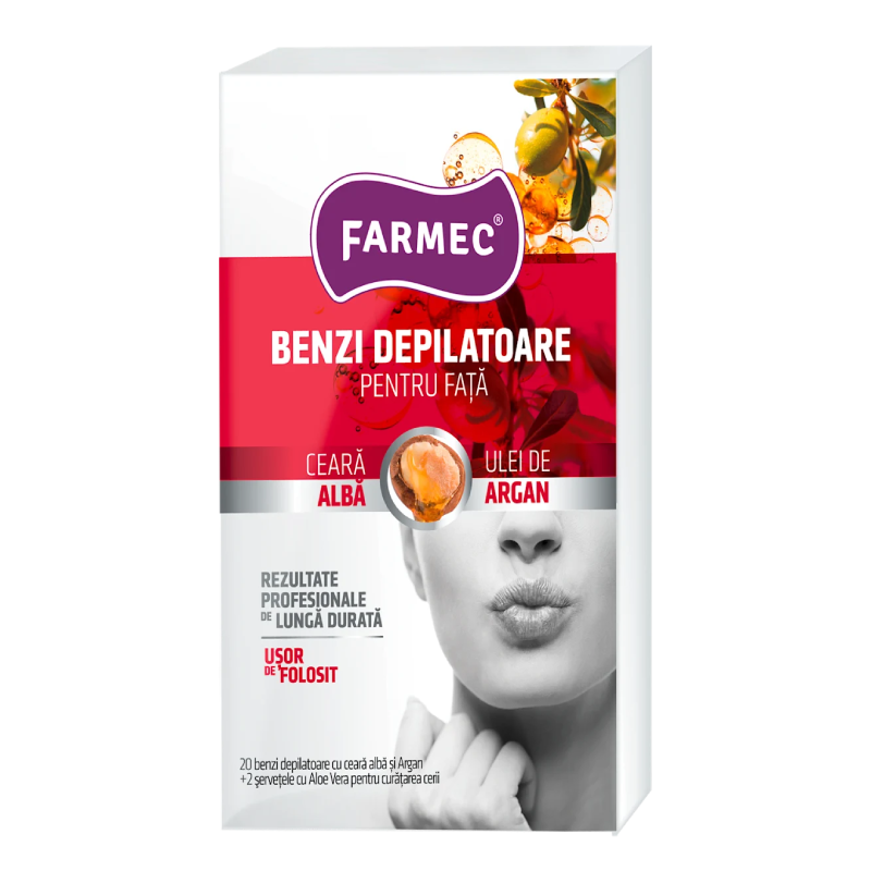 Benzi depilatoare pentru fata cu argan, 20 bucati, Farmec