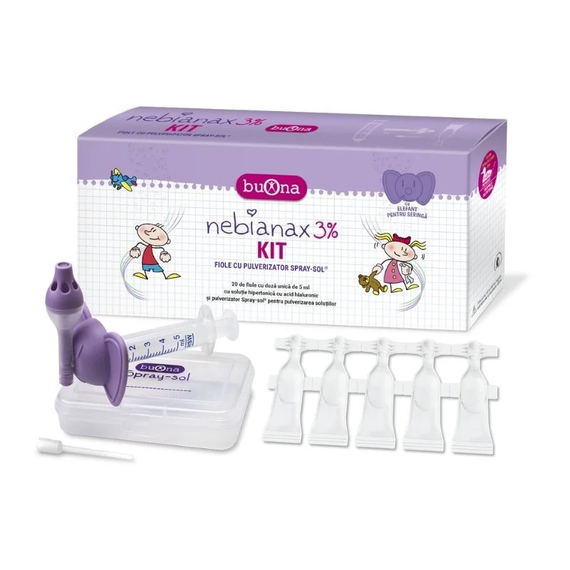Kit Solutie salina hipertonica 3% cu acid hialuronic + Pulverizator Spray Sol, 20*5ml, Nebianax