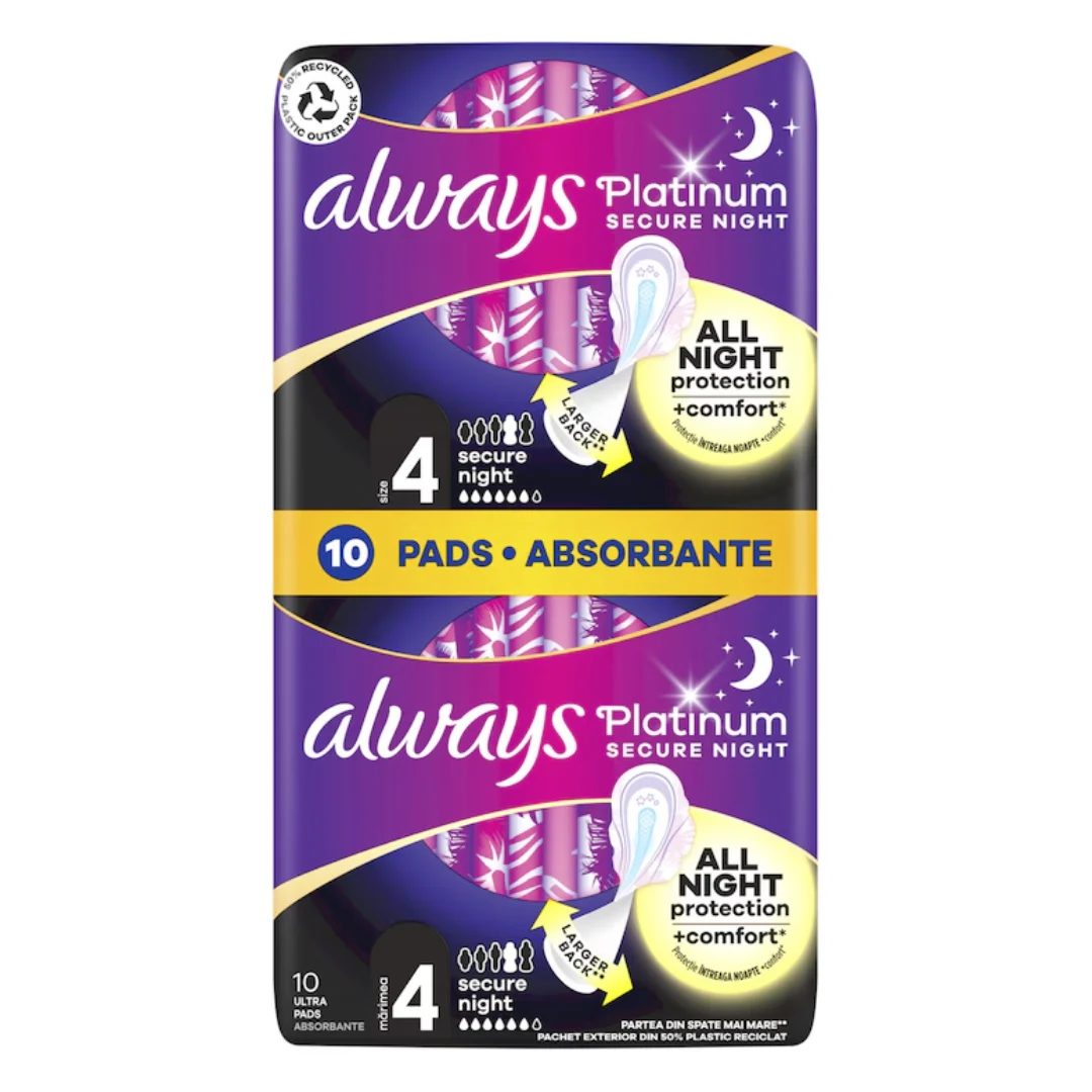 Absorbante Platinum Secure Night Duo Pack, 10 bucati, Always