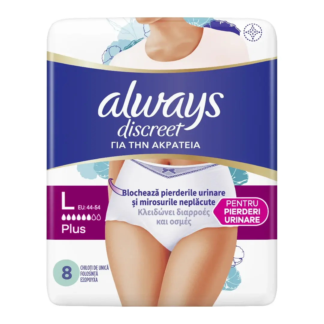 Chiloti pentru incontinenta urinara Discreet Plus, 6 picaturi, Marimea L, 8 bucati, Always