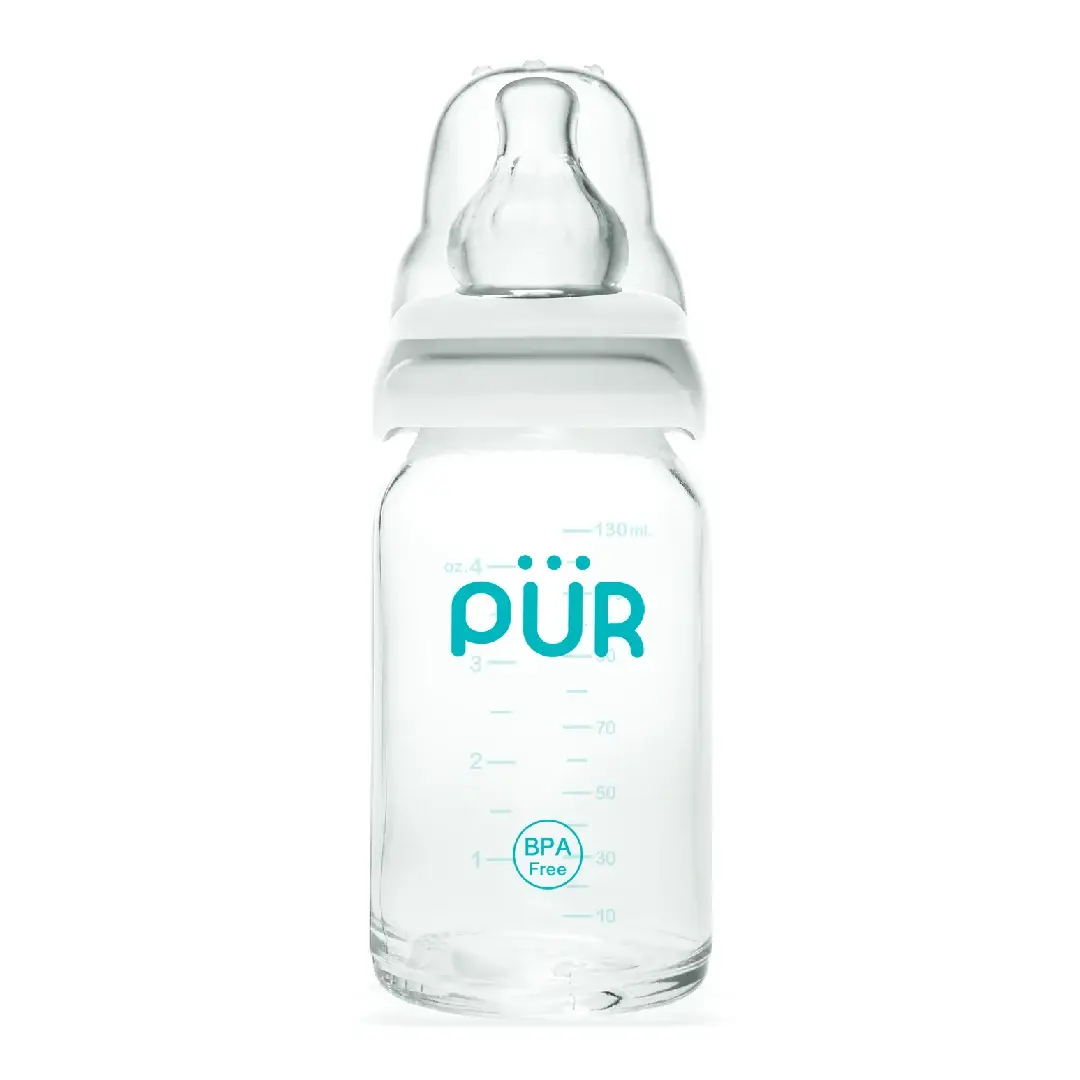 Biberon din sticla rezistenta la soc termic, 130ml, PUR