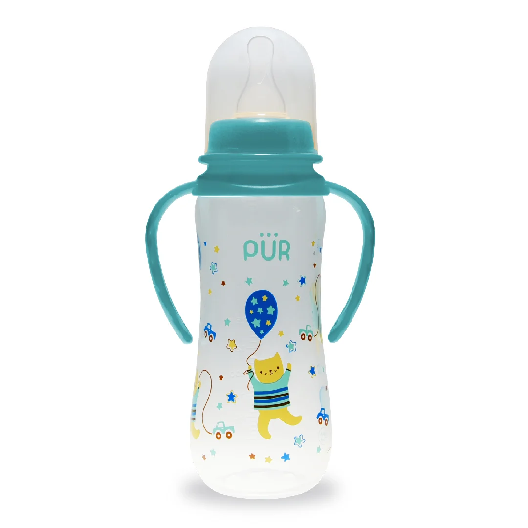 Biberon cu desen si manere, verde, +6 luni, 250ml, PUR
