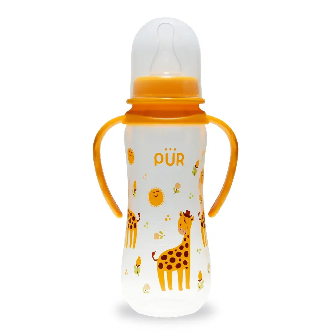 Biberon cu desen si manere, galben, +6 luni, 250ml, PUR