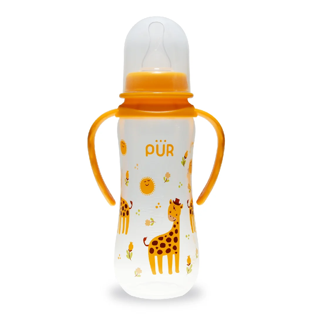 Biberon cu desen si manere, galben, +6 luni, 250ml, PUR