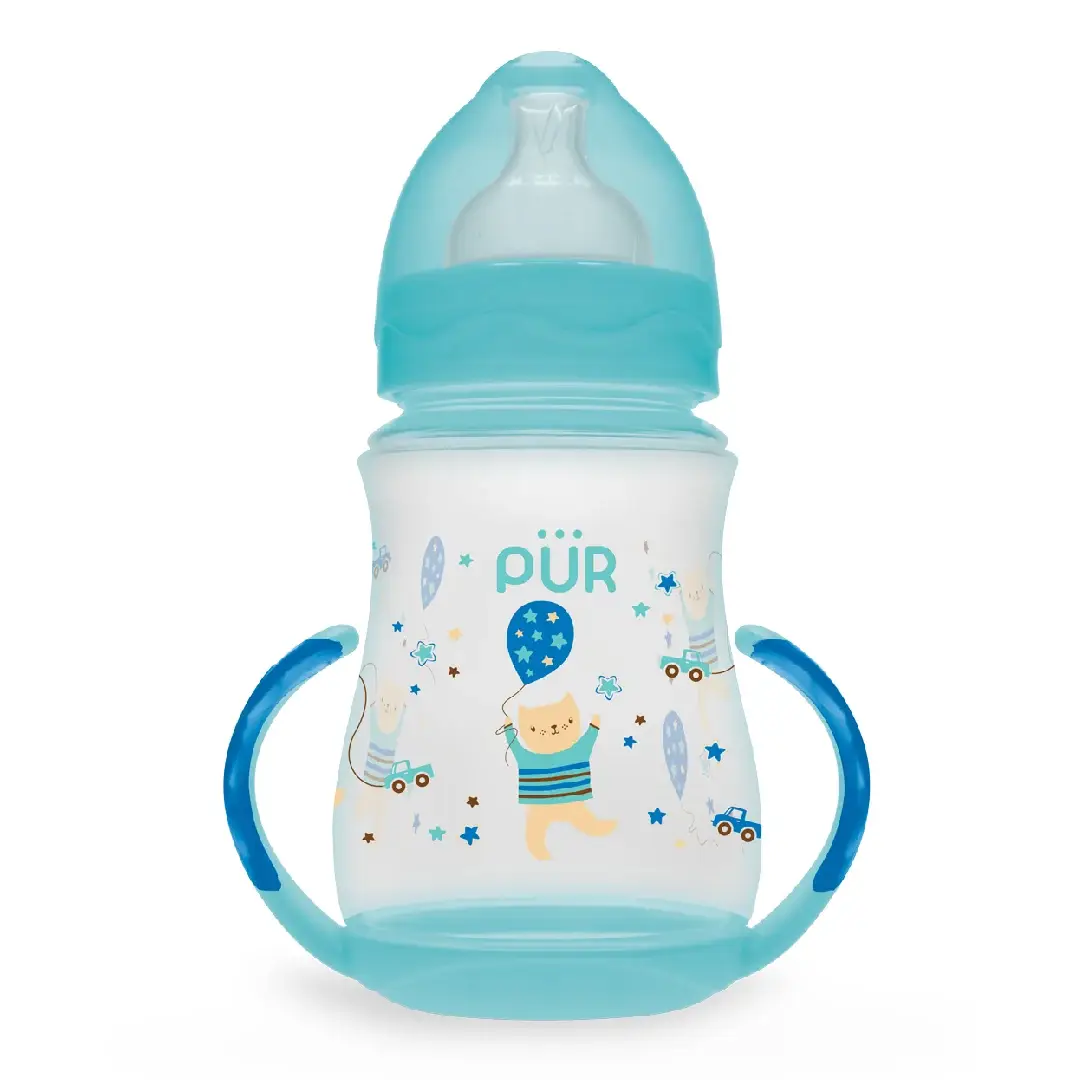 Biberon cu gura larga, desen si manere, verde, +6luni, 250ml, PUR