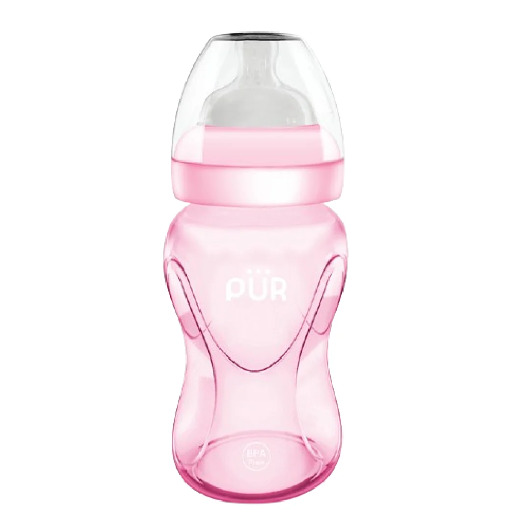 Biberon cu gura larga, roz, +6luni, 250ml, PUR