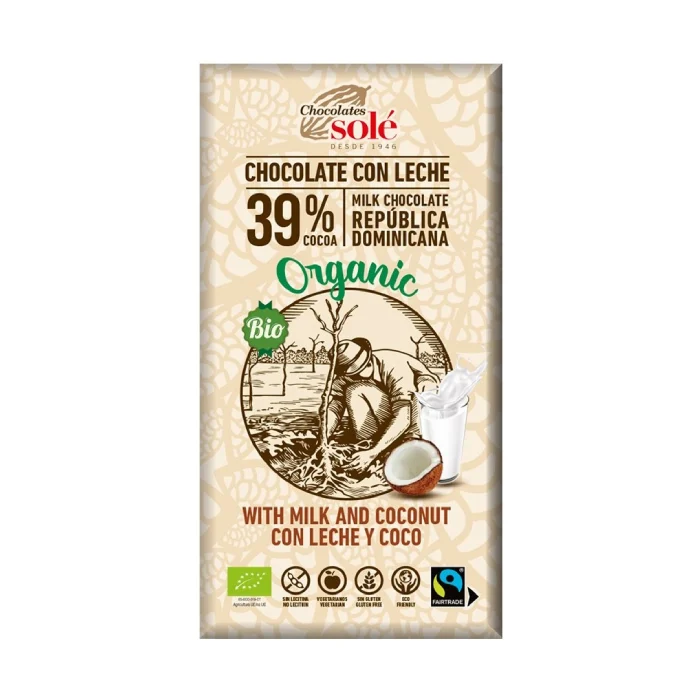 Ciocolata cu lapte si cocos Bio, 100 g, Chocolates Sole