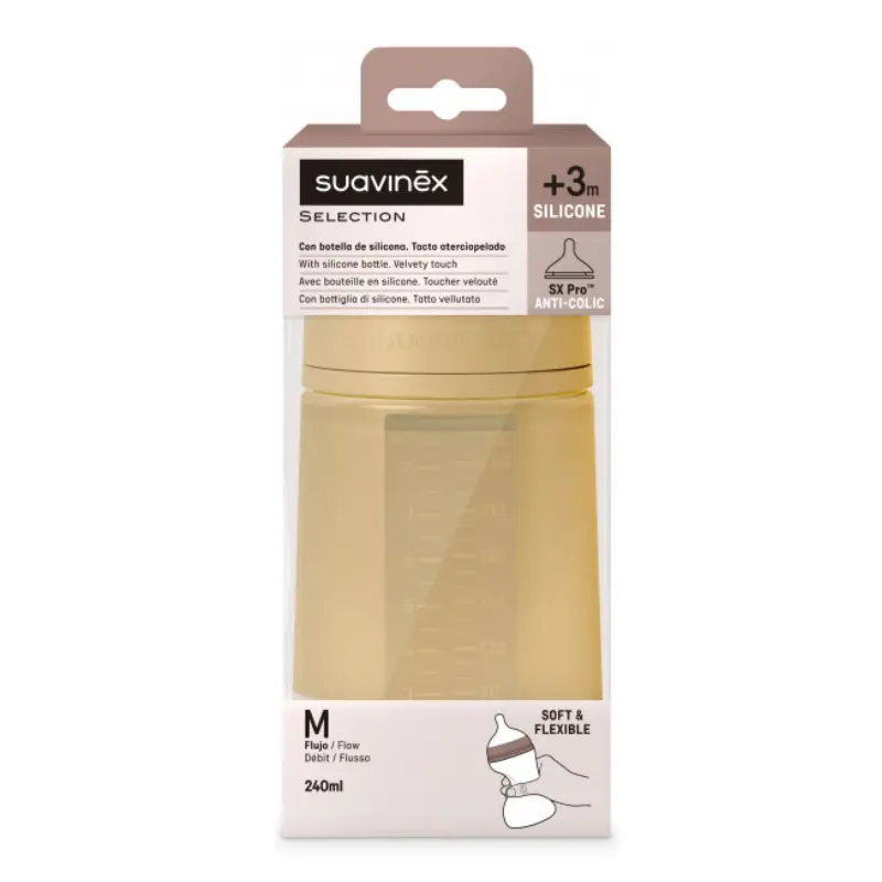 Biberon din silicon SX Pro Colour Essence, debit mediu, mustar, 240ml, Suavinex