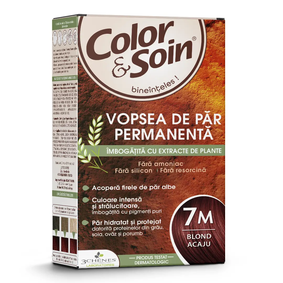Vopsea de par fara amoniac, fara silicon, blond acaju, 7M, Color & Soin