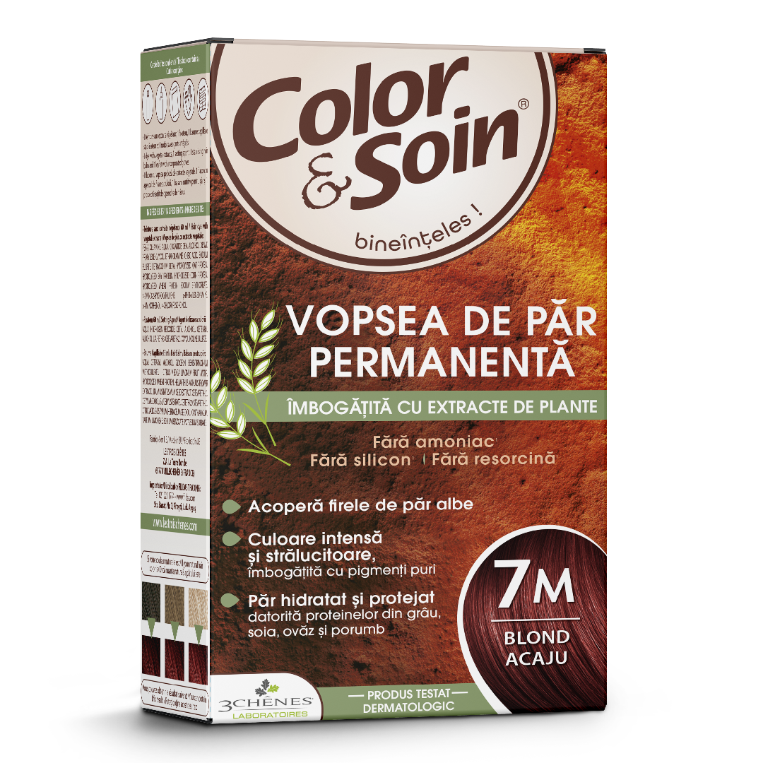 Vopsea de par fara amoniac, fara silicon, blond acaju, 7M, Color & Soin