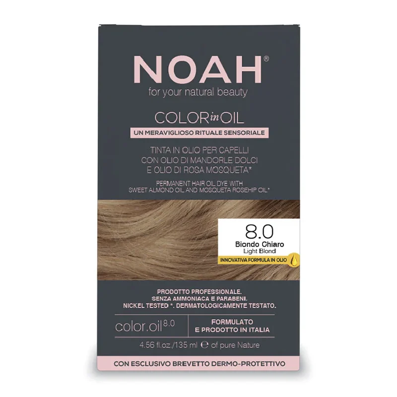 Vopsea de par permanenta fara amoniac, 8.0 Light Blond, Color in Oil, 135 ml, Noah