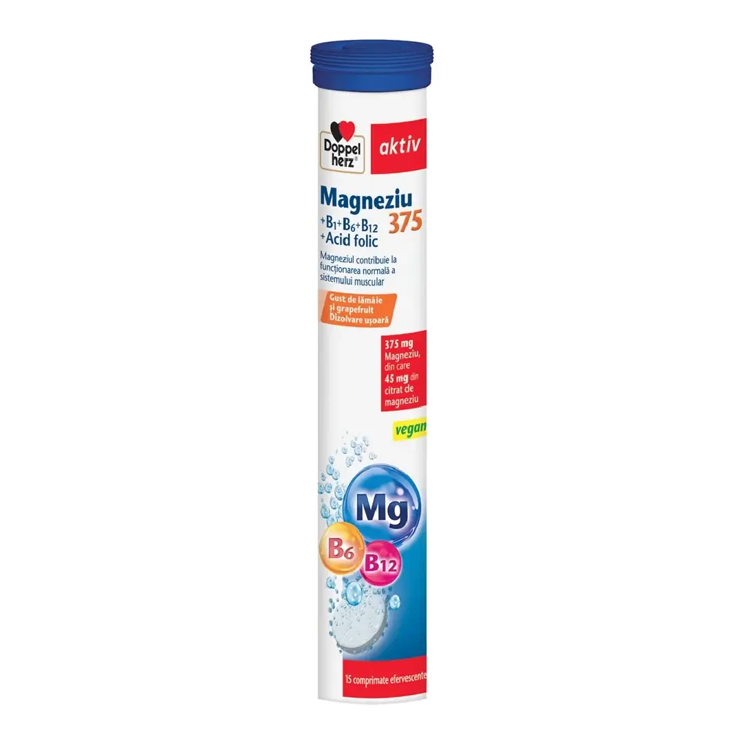 Magneziu 375+B1+B6+B12+Acid Folic, 15 comprimate efervescente, Doppelherz