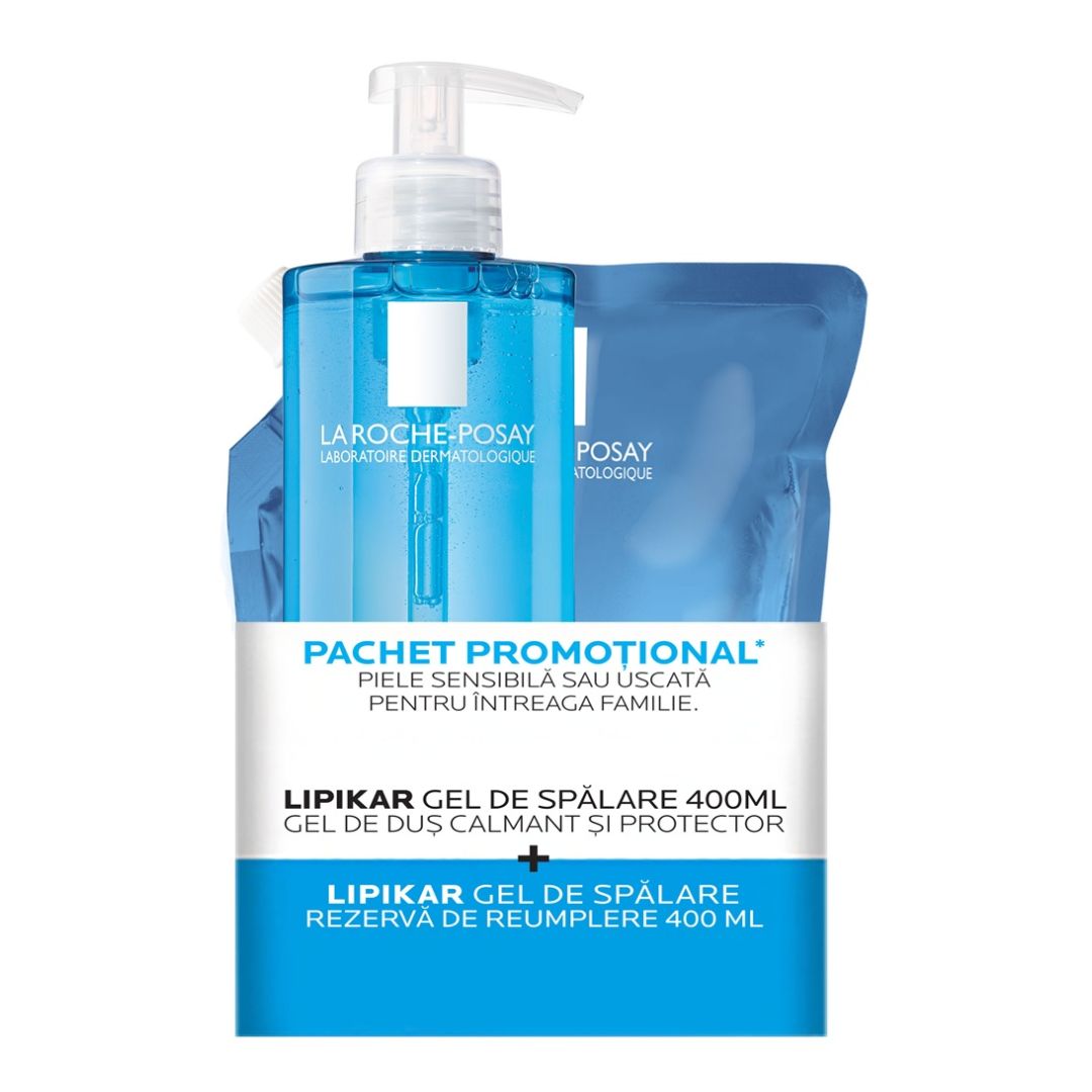 Pachet Gel de dus calmant si protector Lipikar, 400 ml + Rezerva, 400 ml, La Roche-Posay