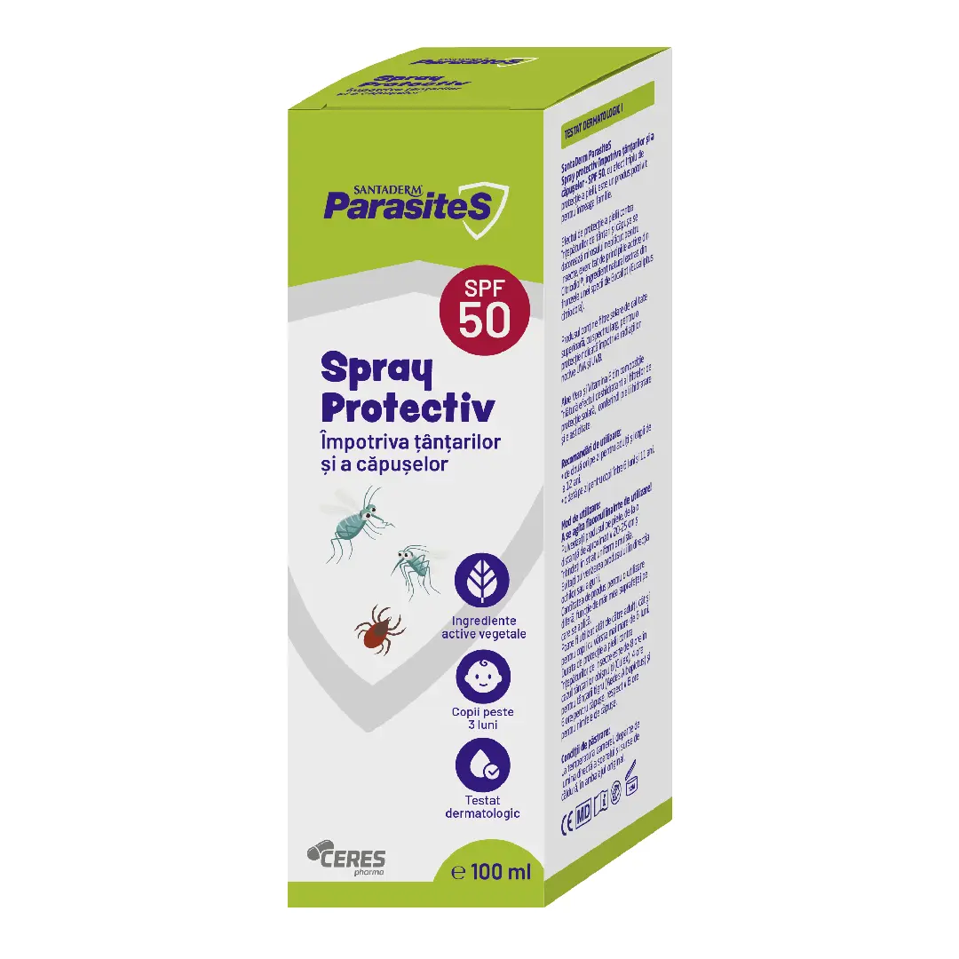 Spray repelent importiva tantarilor si a capuselor SPF 50, Santaderm Parasites, 100 ml, Viva Pharma