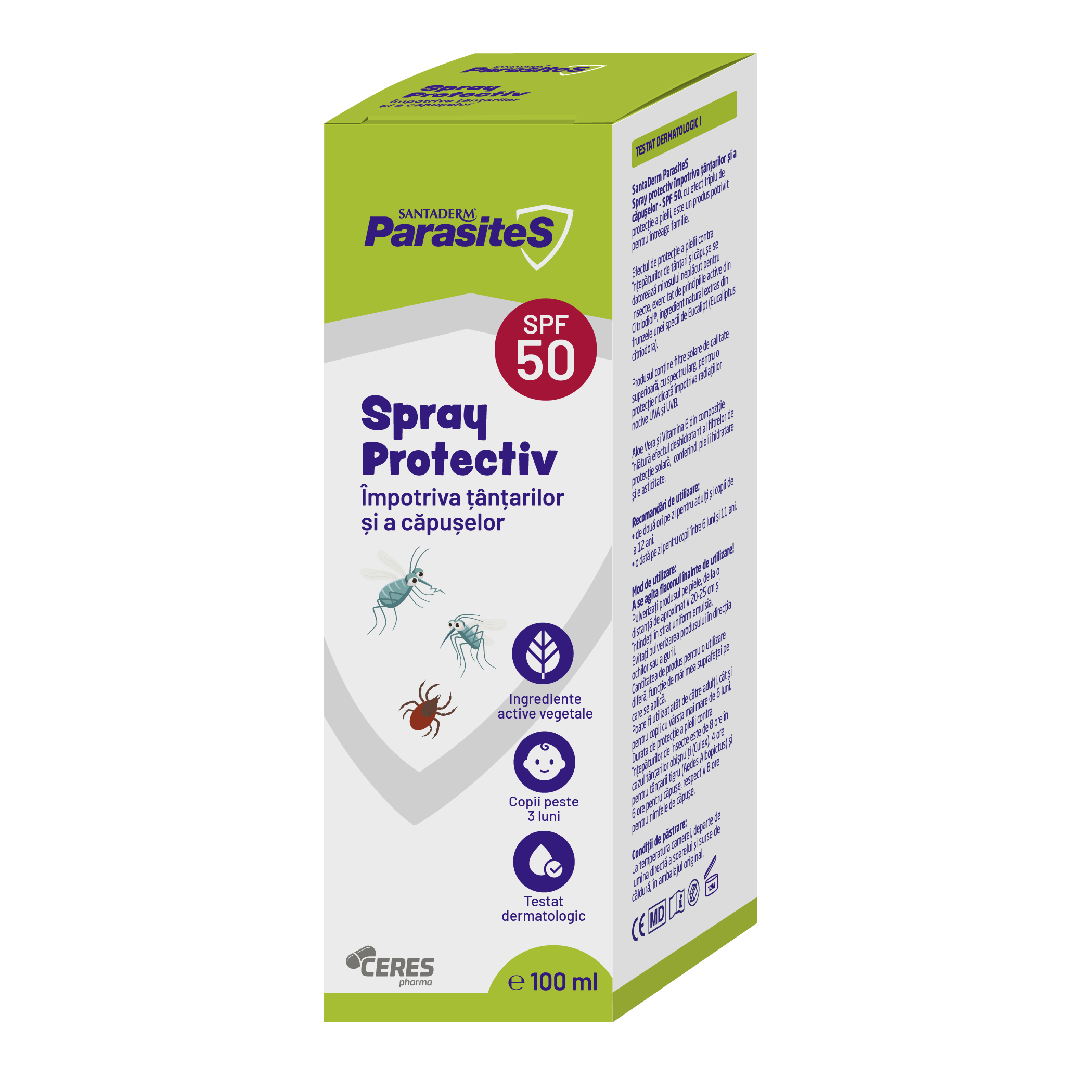 Spray repelent importiva tantarilor si a capuselor SPF 50, Santaderm Parasites, 100 ml, Viva Pharma