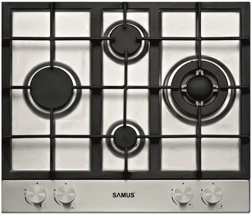 Plita incorporabila Samus PSG-64SX6, Gaz, 4 arzatoare, Arzator Wok, Aprindere electrica (Inox)