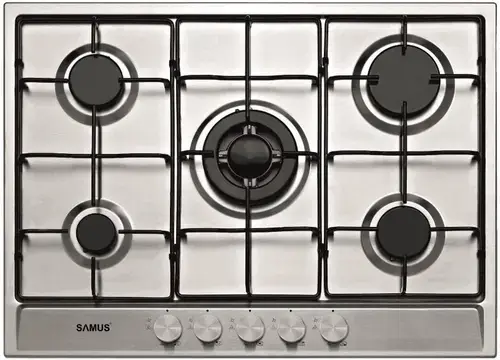 Plita incorporabila Samus PSG-75SX, Gaz, 5 arzatoare, Arzator Wok, Sistem de siguranta (Inox)