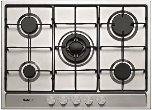 Plita incorporabila Samus PSG-75SX, Gaz, 5 arzatoare, Arzator Wok, Sistem de siguranta (Inox)