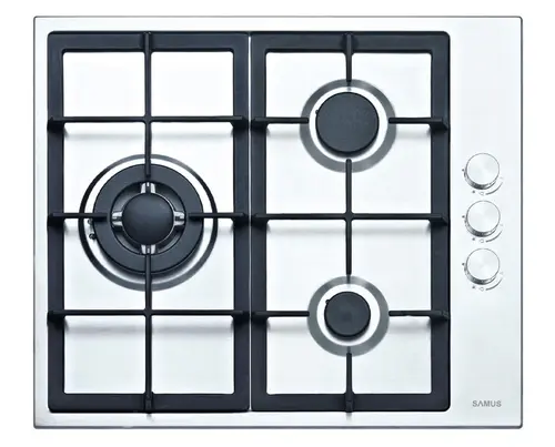 Plita incorporabila Samus PSG-63SX1, Gaz, 3 arzatoare, Arzator Wok, Aprindere electrica (Inox)