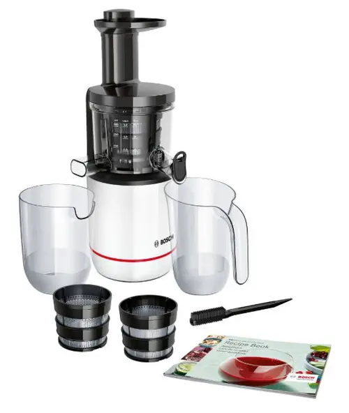 Storcator de fructe Bosch VitaExtract MESM500W, 150 W, 55 rpm, 2 filtre, melc din Tritan, reverse, DripStop (Alb)
