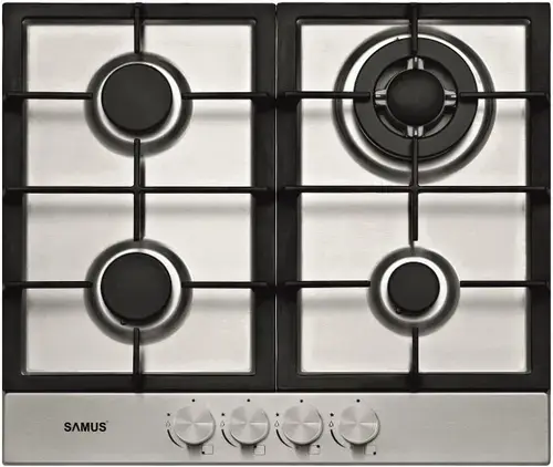 Plita incorporabila Samus PSG-64SX2, Gaz, 4 arzatoare, Arzator Wok, Aprindere electrica (Inox)