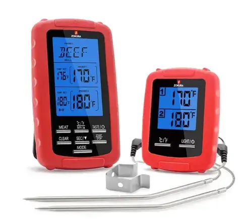Termometru fara fir pentru carne Zokura Z1177, -20°C/300°C, 2 sonde, frecventa radio programabila pentru 2 preparate (Rosu)