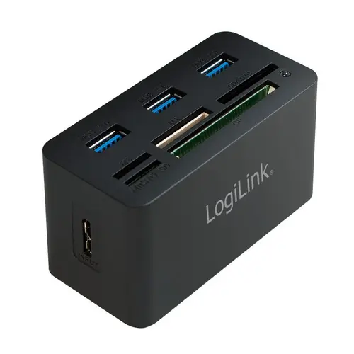 HUB USB LOGILINK CR0042, USB 3.0 x 3,  slot SD, MicroSD, M2, MS Duo/Pro, CF, conectare prin USB 3.0 (Negru)