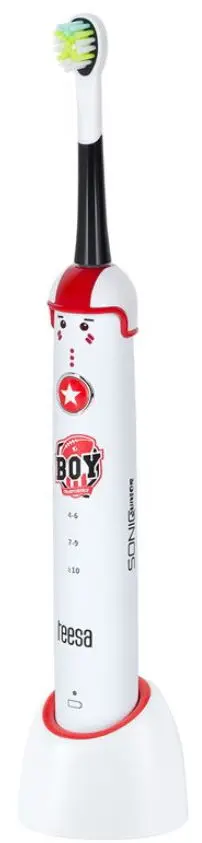 Periuta de dinti electrica pentru copii Teesa Sonic Junior Boy TSA8005, 43.000 pulsatii/min, Cronometru 2 min, IPX7, 2 Capete, Incarcator (Alb/Rosu)