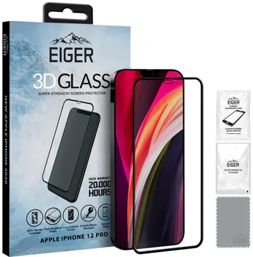 Folie Protectie Sticla Temperata Eiger 3D EGSP00622 pentru Apple iPhone 12, iPhone 12 Pro (Transparent/Negru)