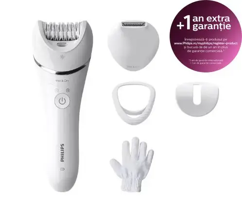 Epilator Wet&Dry Philips BRE715/00, 5 Accesorii, 32 Pensete, 2 setari viteza (Alb)