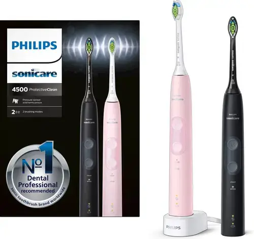Set 2 Periute de dinti electrice PHILIPS Sonicare Protective Clean 4500 HX6830/35, 2 programe, 62000 miscari/min, 2 capete (Negru/Roz)