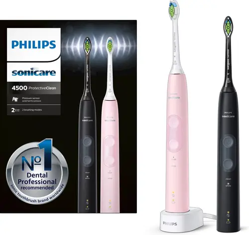 Set 2 Periute de dinti electrice PHILIPS Sonicare Protective Clean 4500 HX6830/35, 2 programe, 62000 miscari/min, 2 capete (Negru/Roz)
