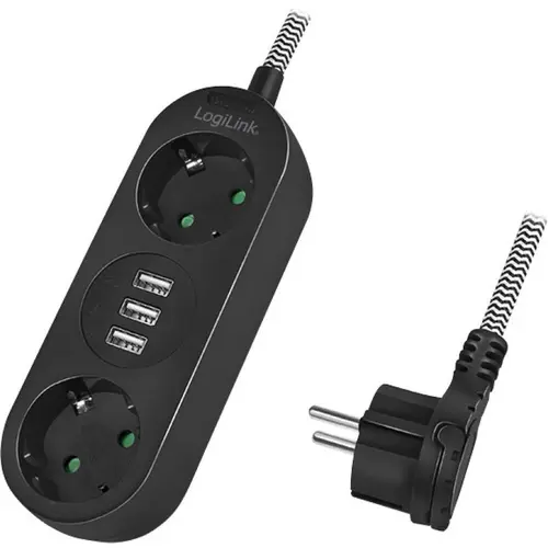 Prelungitor Logilink LPS262U, 230V, 2x Schuko, Protectie, 3xUSB (Negru)