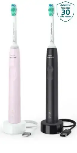 Set de 2 periute de dinti electrice sonice Philips Sonicare Seria 3100 HX3675/15, 31000 miscari/minut, 1 mod de curatare, Senzor presiune, Functia BrushSync, 2 capete de periere (Roz/Negru)