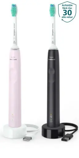 Set de 2 periute de dinti electrice sonice Philips Sonicare Seria 3100 HX3675/15, 31000 miscari/minut, 1 mod de curatare, Senzor presiune, Functia BrushSync, 2 capete de periere (Roz/Negru)