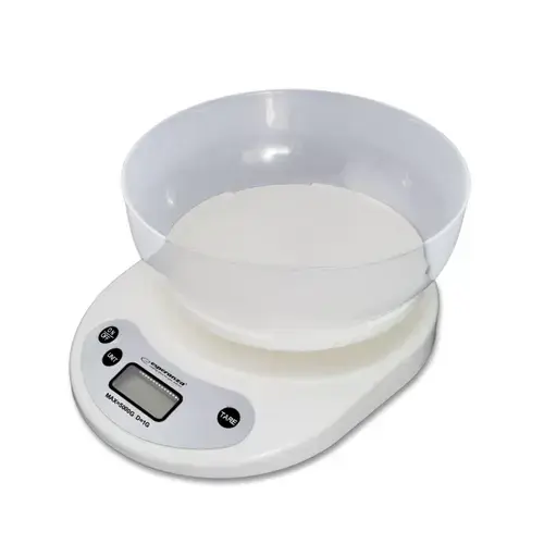 Cantar pentru bucatarie Esperanza EKS007, Bol inclus, 5 Kg, Display LCD, Functia Tara (Alb)