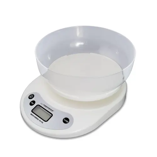 Cantar pentru bucatarie Esperanza EKS007, Bol inclus, 5 Kg, Display LCD, Functia Tara (Alb)