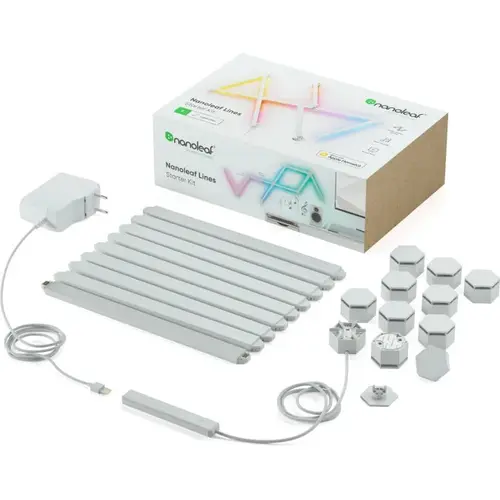 Kit 9 panouri LED RGBW luminoase modulare inteligente Nanoleaf Lines Starter Kit, Wi-Fi, sincronziare muzica, lumina alba si colorata reglabila, compatibil Apple HomeKit, Amazon Alexa, Google Assistant