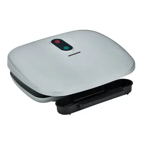 Gratar electric Heinner AriaGrill HEG-F1000SL, 1000W; placi fixe turnate 27 X 23 cm, invelis antiaderent, maner rece, Indicator luminos, tava pentru colectare ulei, Argintiu