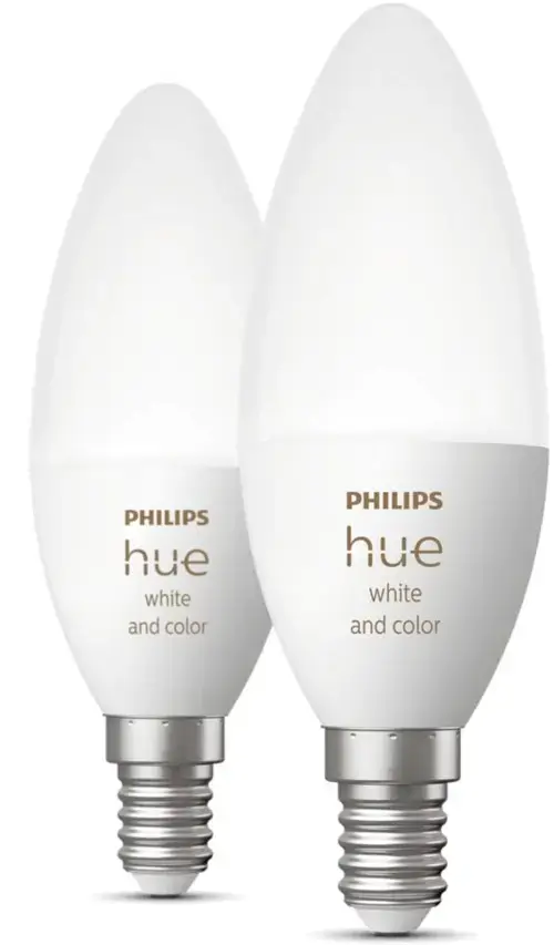 Pachet 2 becuri LED RGB inteligente Philips Hue B39, Bluetooth, Zigbee, E14, 4W (25W), 470 lm, lumina alba si color